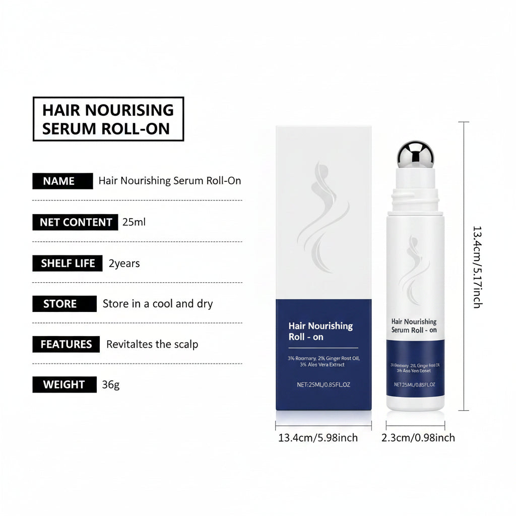 Hoegoa hair nourishing serum roll-on with packaging and specifications on a white background